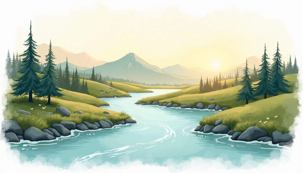 A serene landscape featuring a flowing river that symbolizes the steady flow of passive income