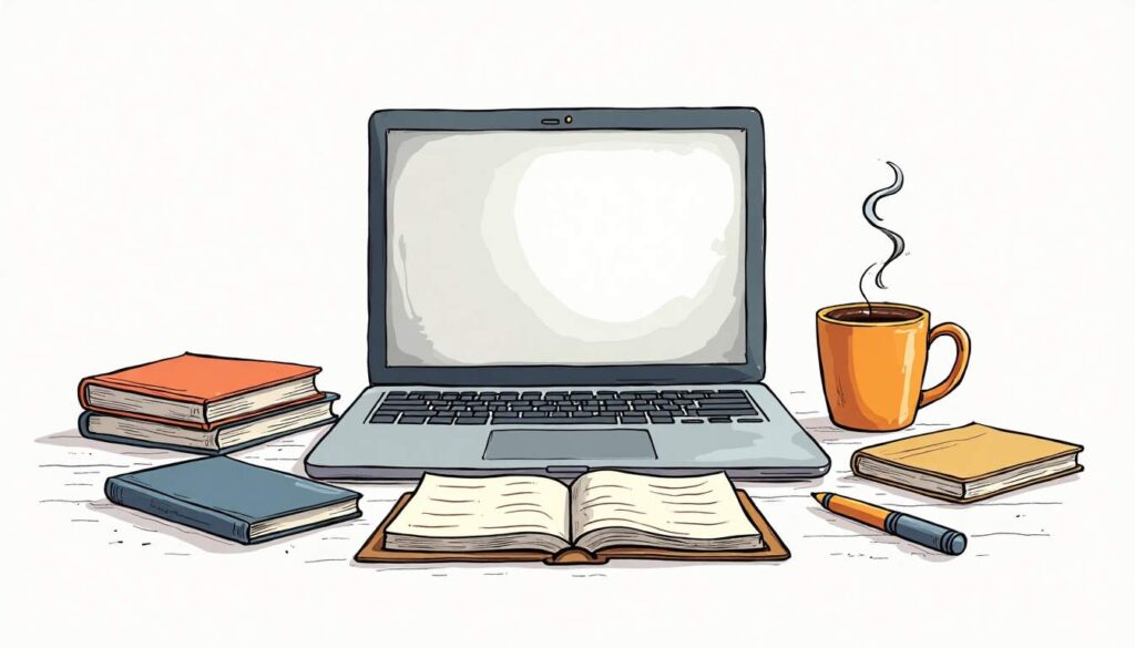 An open laptop surrounded by scattered notebooks